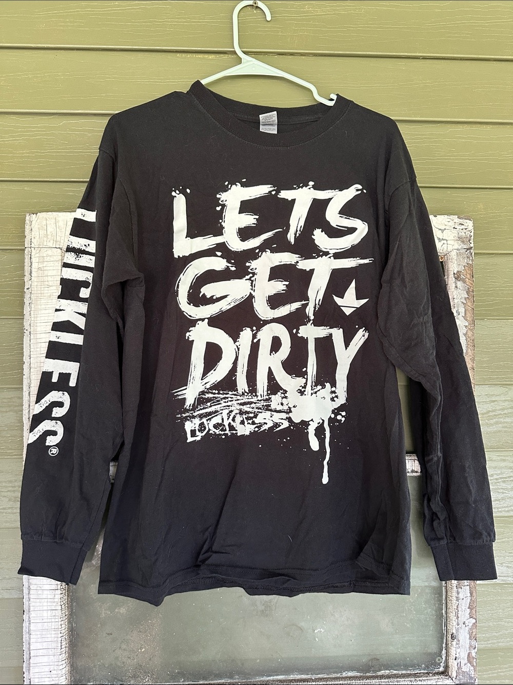 Black Long Sleeve Graphic Tee with Bold White 'Let's Get Dirty' Print